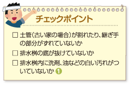 チェックポイント:
□ 土管（古い家の場合）が割れたり、継ぎ手の部分がずれていないか
□ 排水桝の底が抜けていないか
□ 排水桝内に洗剤、油などの白い汚れがついていないか(1)