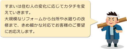 すまいは住む人の変化に応じてカタチを変えていきます。
大規模なリフォームから台所や水廻りの改修まで、きめ細かな対応でお客様のご要望にお応えします。